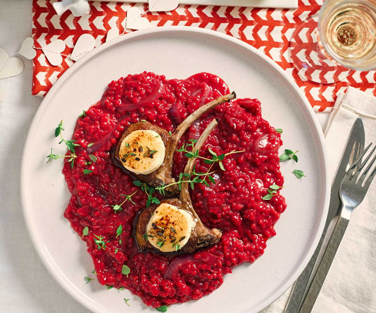 Lamm unter der Ziegenkäsehaube mit Portwein-Zwiebel-Risotto