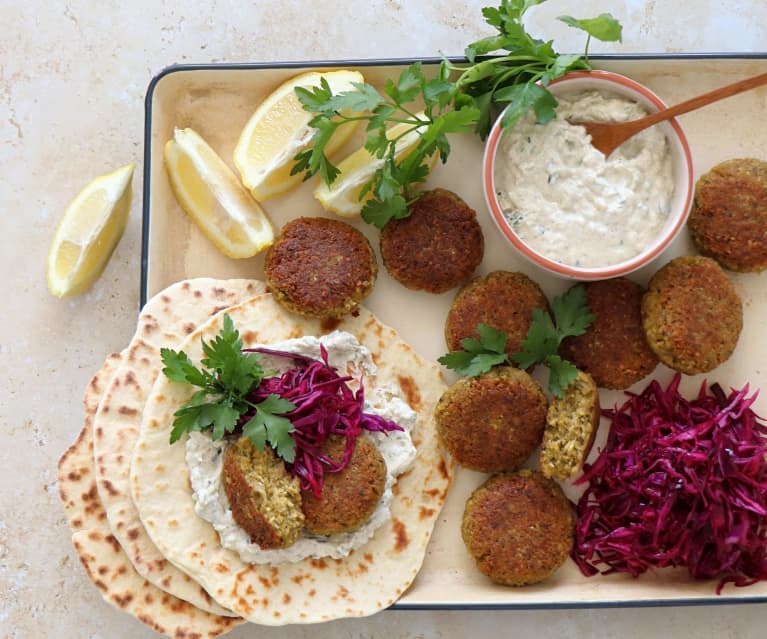 Cauliflower falafel with pickled cabbage and tzatziki (Darren Robertson)