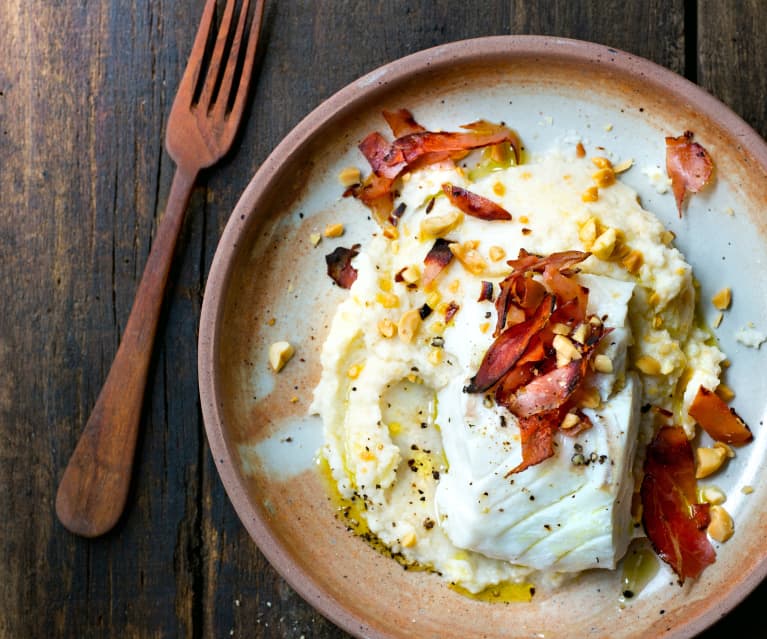 Cabillaud et speck, purée de chou-fleur