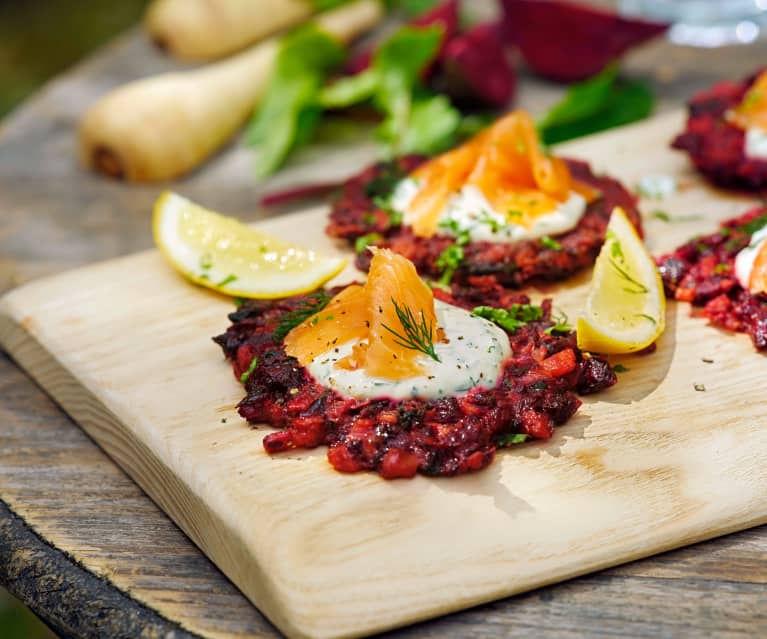 Beetroot Rosti with Smoked Salmon and Herb Crème Fraîche