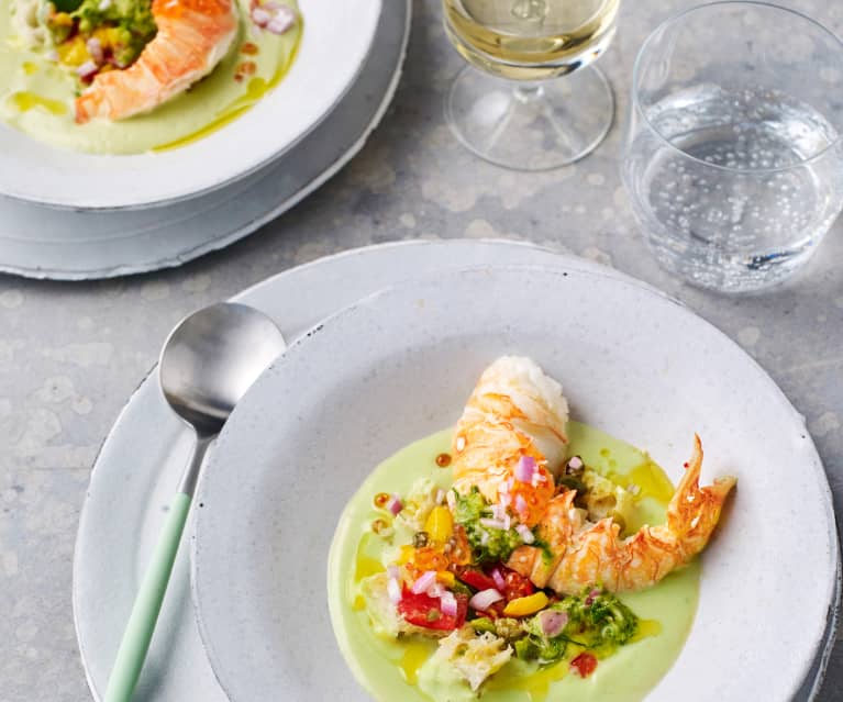 Marinated lobster tail with bread salad and avocado soup (Tetsuya Wakuda)