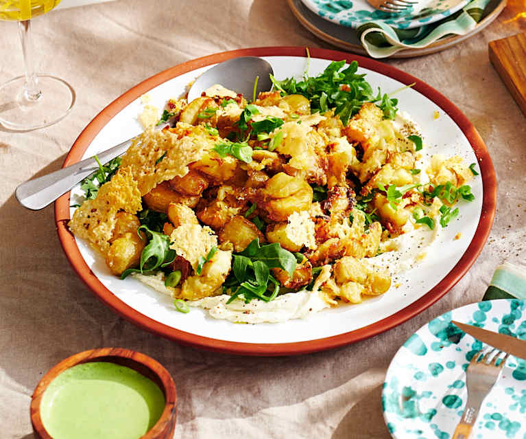 Crispy smashed potato salad with whipped feta