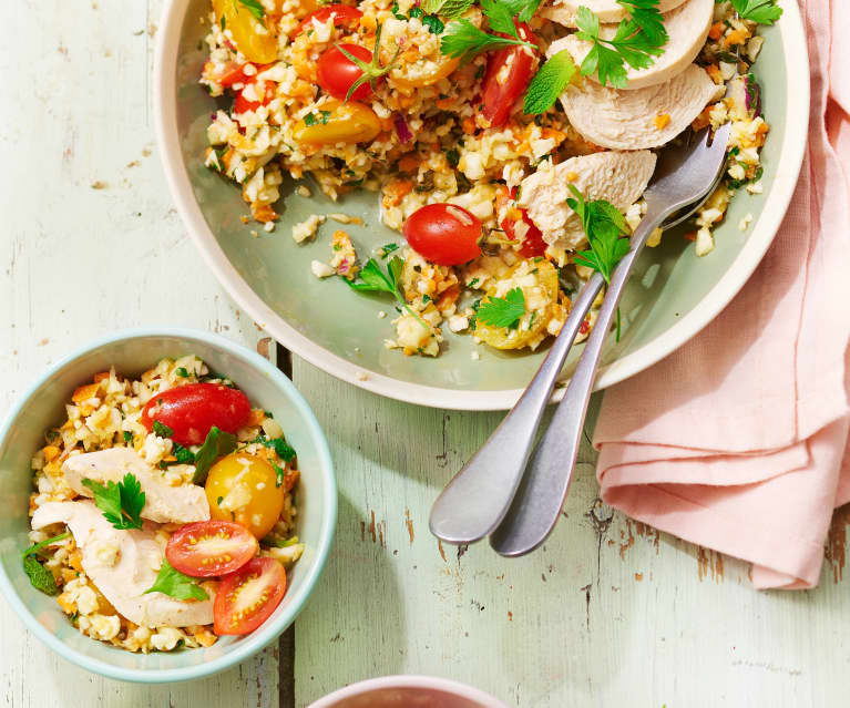 Taboulé de chou-fleur, filets de poulet vapeur