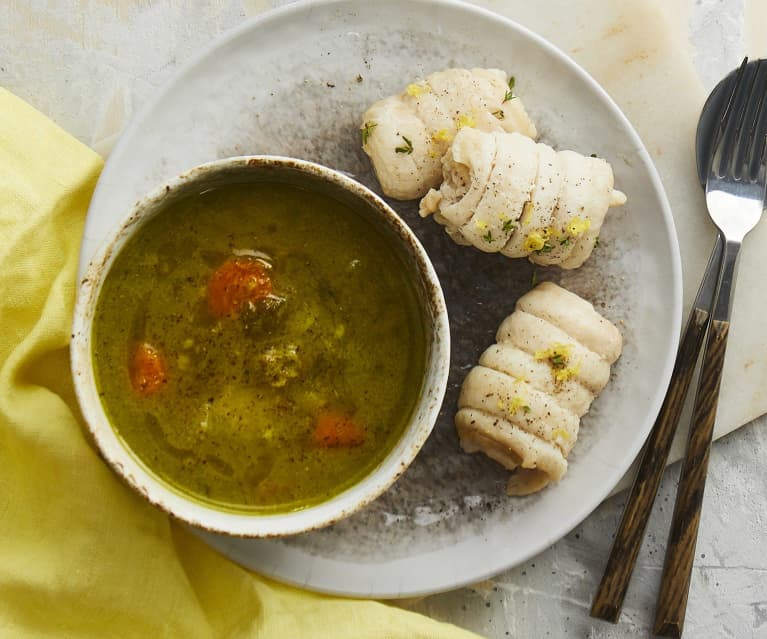 Zuppa di verdure con involtini di sogliola