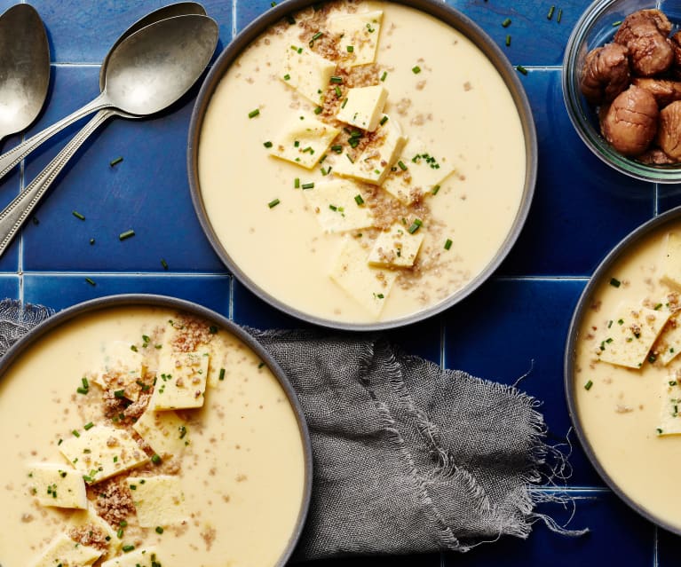 Crème De Saumon Omelette à La Ciboulette Et Marrons Grillés