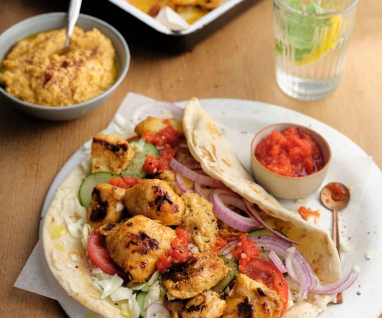 Chicken Shawarma with Moroccan Houmous and Chilli Sauce Chicken Shawarma with Moroccan Houmous and Chilli Sauce