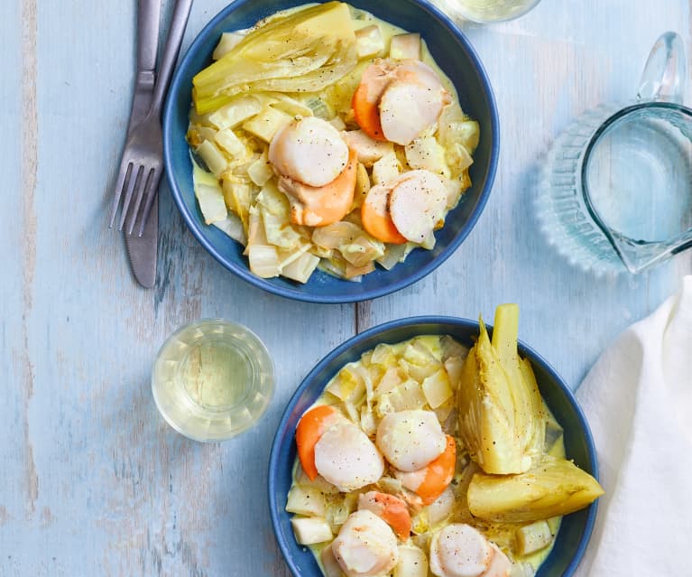 Saint-Jacques au curry, fenouil et fondue d'endives