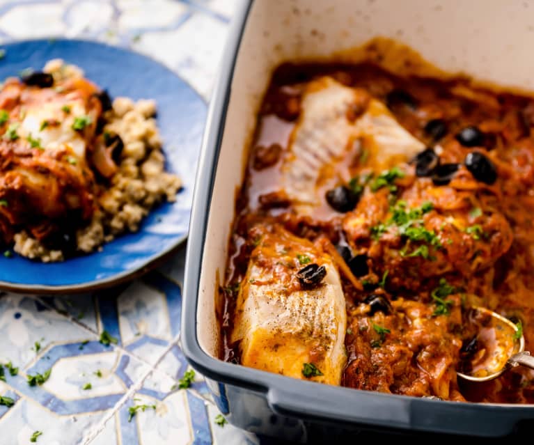 Pescado al horno al estilo griego con bulgur