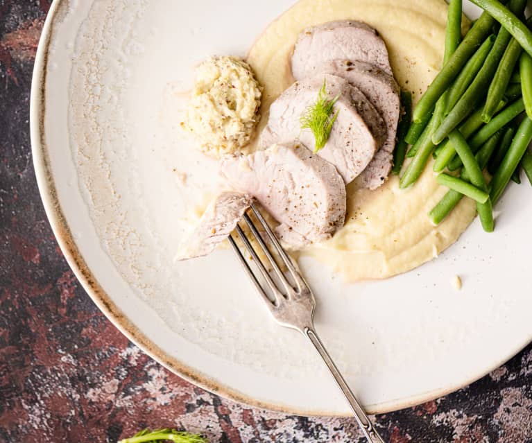 Maiale con salsa alla senape e purè di verdure