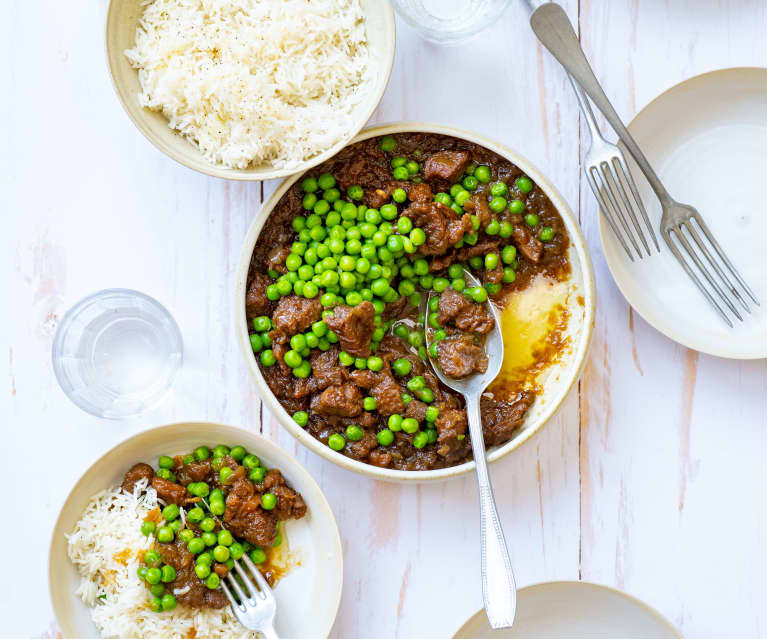 Porc au caramel, petits pois et riz