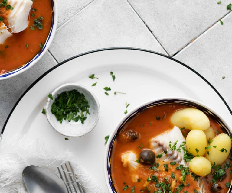 Guisado de bacalhau à Italiana com batata a vapor