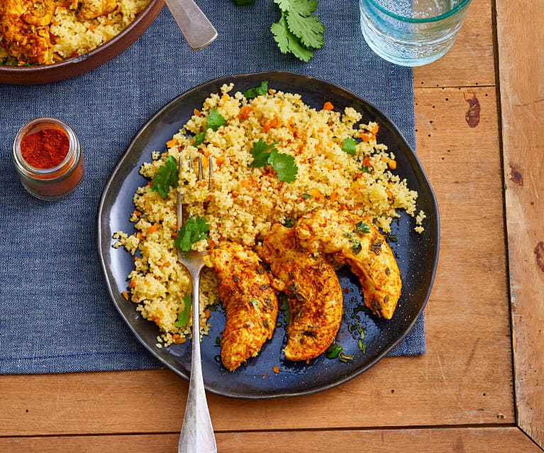 Aiguillettes de poulet au citron confit, couscous de carottes