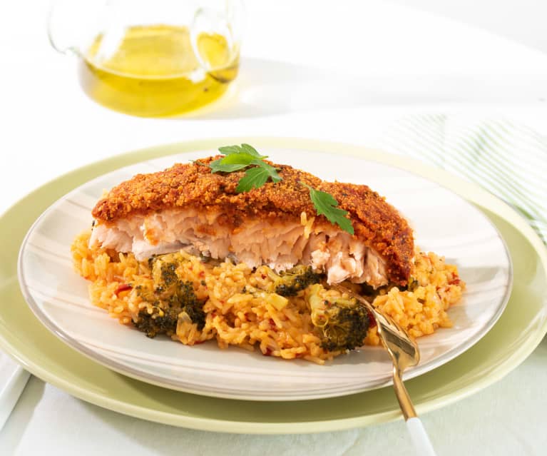 Salmón en costra de tomate con arroz