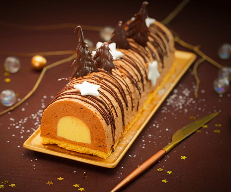 Bûche mousse chocolat au lait insert crémeux vanille et brownie