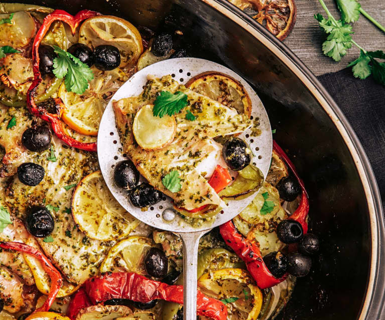 Tajine de poisson au four à la marocaine et couscous aux dattes