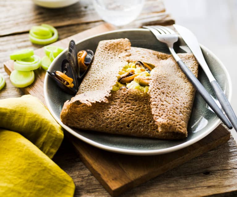 Galette de sarrasin moules et fondue de poireau