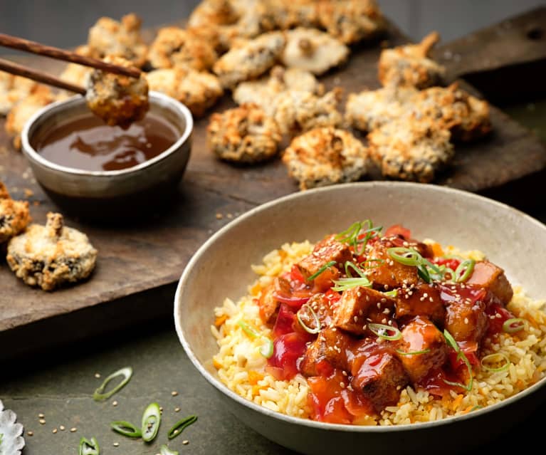 Shiitake Teriyaki Dippers; Sweet and Sour Tofu; Un-fried Rice