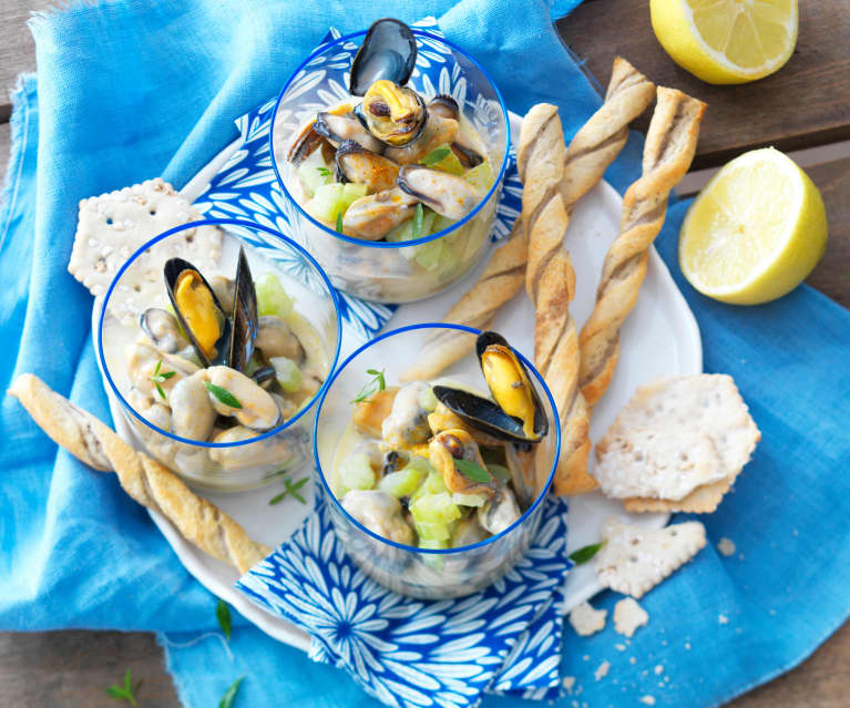 Verrine de moules au céleri, crème de lait ribot au curry