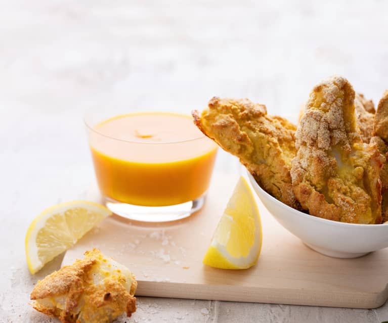 Palitos de pescado al horno con dip de calabaza