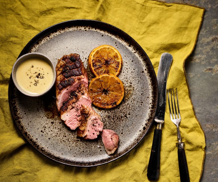 Entenbrust à l’orange mit Orangenzabaglione