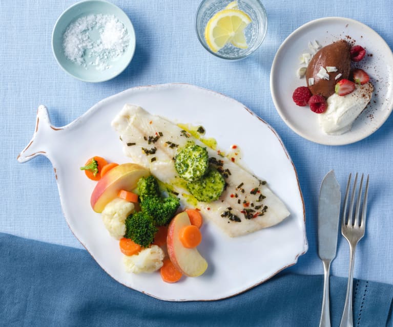 Menü: Zander mit Apfel-Gemüse und Salbei; Dunkles Schokomousse mit weißer Schokocreme