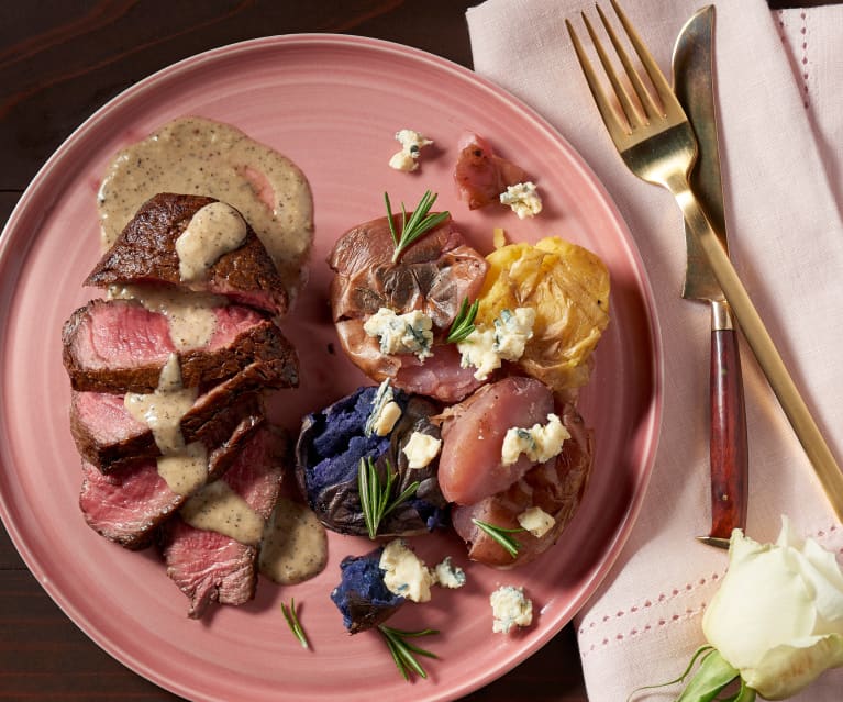Steak with Peppered Parmesan Sauce and Roquefort Potatoes Steak with Peppered Parmesan Sauce and Roquefort Potatoes