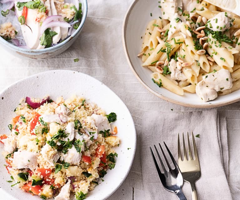 Multiusage | Pâtes de poulet piccata / salade de nouilles au poulet / salade de couscous au poulet Multiusage | Pâtes de poulet piccata / salade de nouilles au poulet / salade de couscous au poulet
