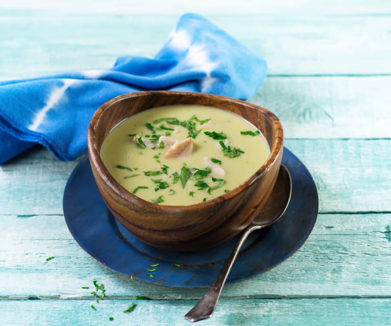 Christophene-Cremesuppe mit Räuchersaibling