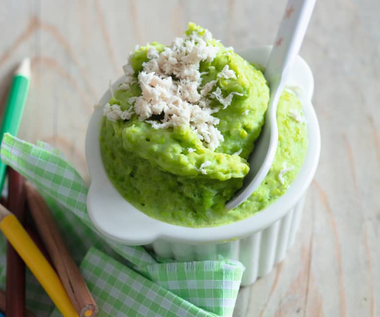 Purée de petits pois, pommes de terre et poulet