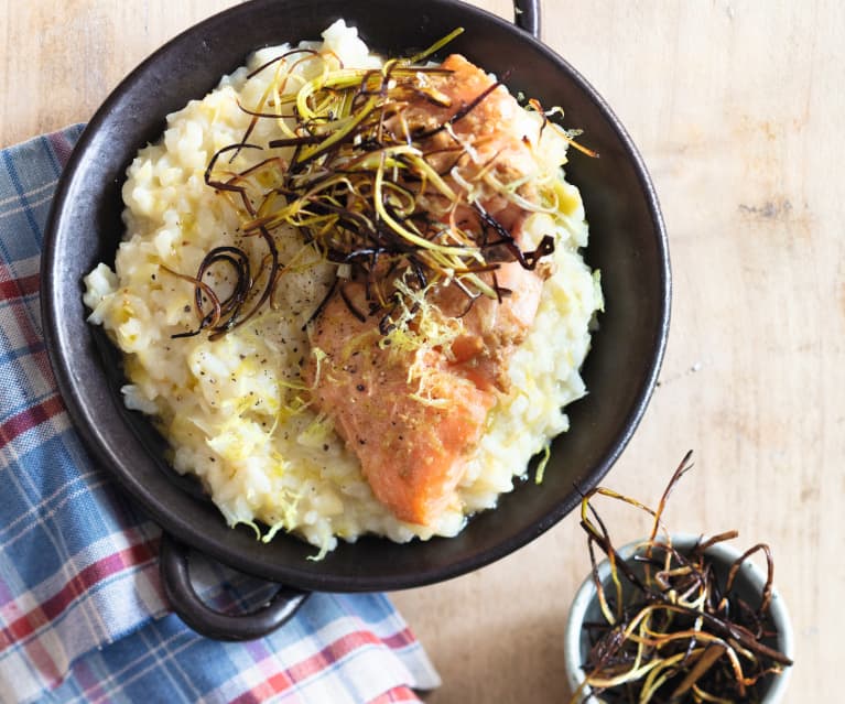 Risotto aux poireaux et saumon mi-cuit