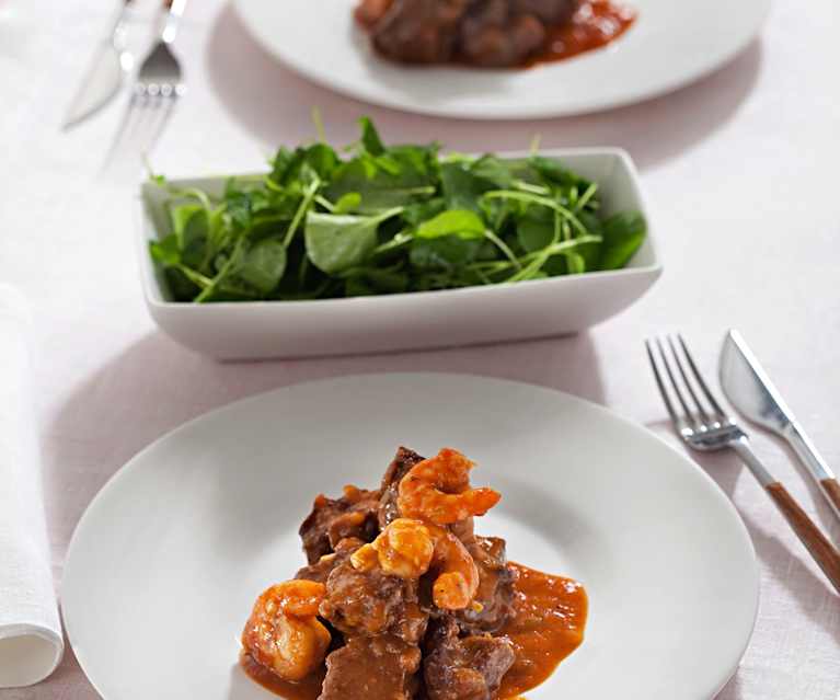 Carrillera de ternera al whisky con langostinos Carrillera de ternera al whisky con langostinos