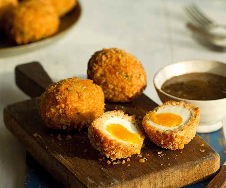 Salmon Scotch Eggs with Honey Mustard Dipping Sauce Salmon Scotch Eggs with Honey Mustard Dipping Sauce