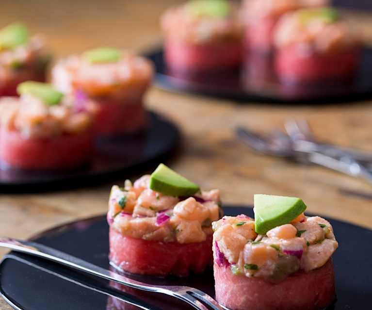 Watermelon and Salmon Ceviche Stack Watermelon and Salmon Ceviche Stack