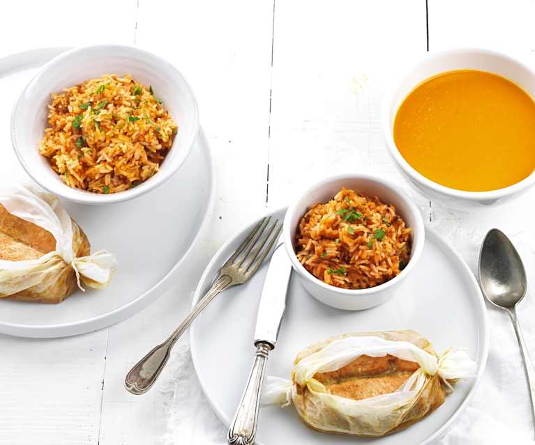 Cream of Tomato Soup with Carrot and Squash, Honey Mustard Salmon with Rice Cream of Tomato Soup with Carrot and Squash, Honey Mustard Salmon with Rice