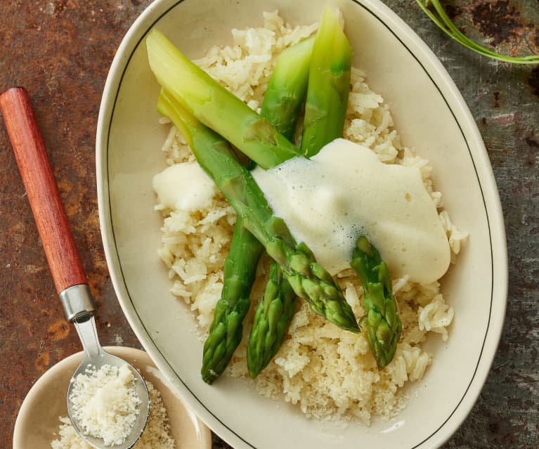 Asparagus with Parmesan rice and lemon sabayon sauce