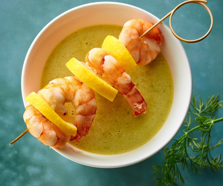 Cucumber Soup with Prawn Skewers