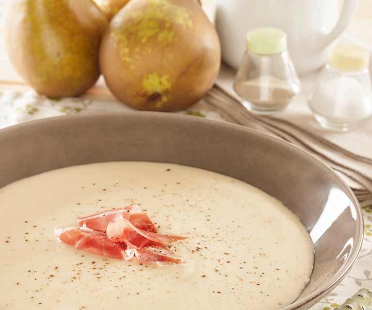 Crema de puerros y pera con jamón Crema de puerros y pera con jamón