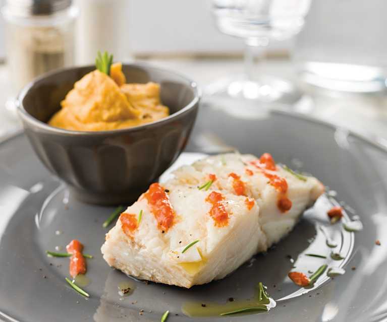 Bacalhau com puré de grão e batata doce Bacalhau com puré de grão e batata doce