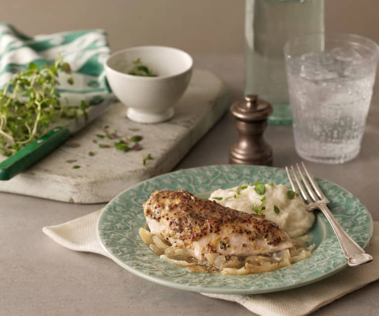 Pollo en mostaza y miel con puré de coliflor