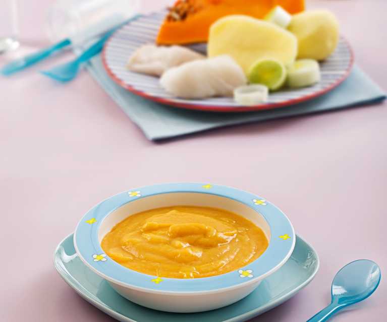Purée dyniowe z ziemniakami, porem i morszczukiem Purée dyniowe z ziemniakami, porem i morszczukiem