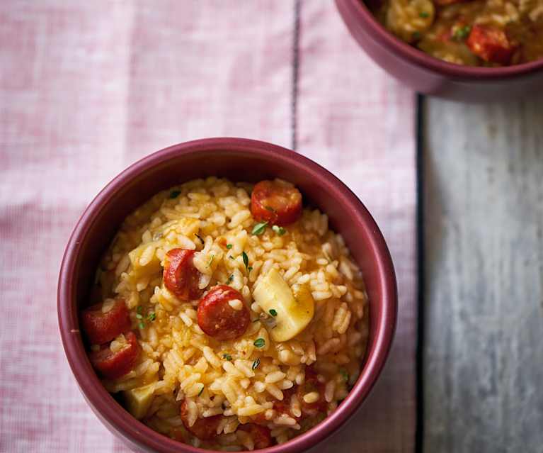 Risoto de cerveja, linguiça e cogumelos Risoto de cerveja, linguiça e cogumelos