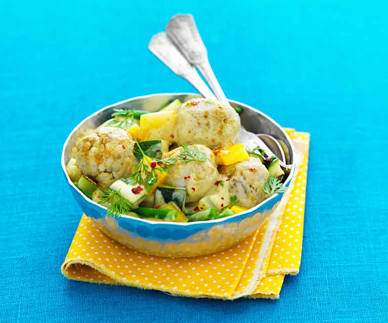 Boulettes de poissons épicées, curry de légumes du soleil Boulettes de poissons épicées, curry de légumes du soleil