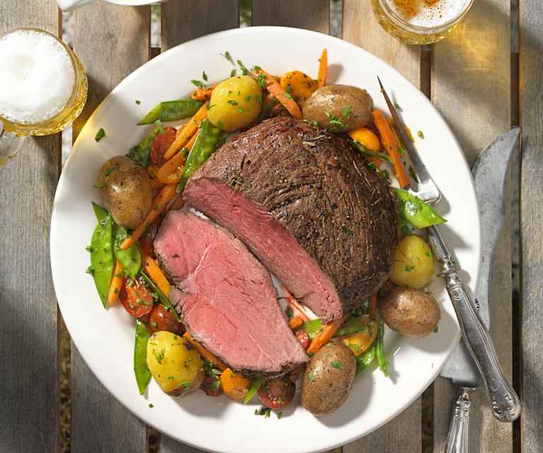 Rinderhüfte mit Sommergemüse und Hollandaise Rinderhüfte mit Sommergemüse und Hollandaise