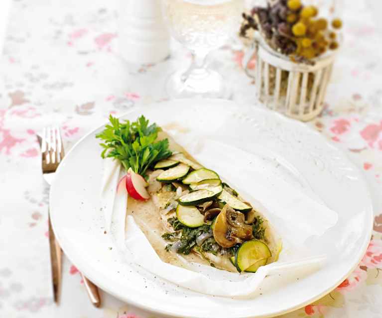Filetes de peixe com curgete e cogumelos Filetes de peixe com curgete e cogumelos