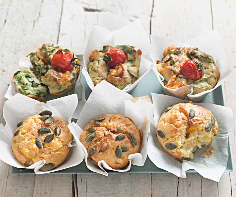 Muffins de calabaza con feta y de espinacas con provolone Muffins de calabaza con feta y de espinacas con provolone