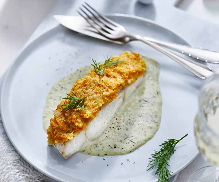 Seelachs unter der Kartoffel-Kürbis-Kruste mit Chablissauce Seelachs unter der Kartoffel-Kürbis-Kruste mit Chablissauce