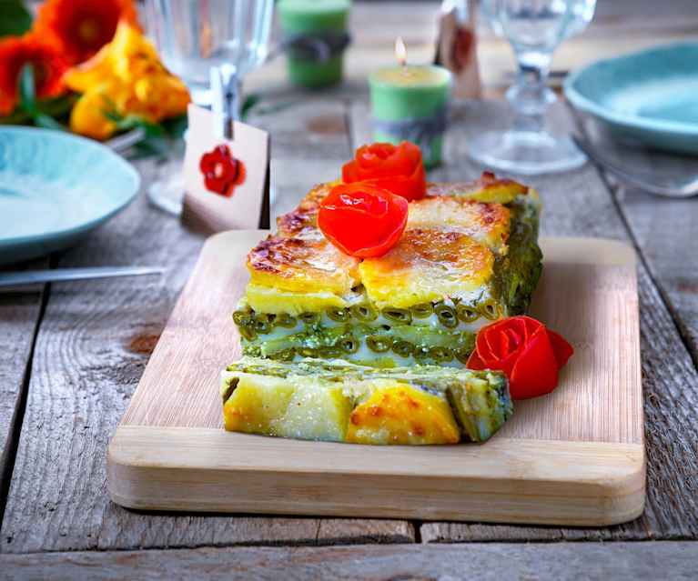 Millefoglie di patate, fagiolini con pesto di basilico e mandorle