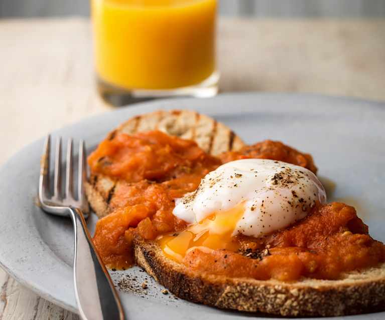Smashed Plum Tomato Bruschetta with Poached Eggs Smashed Plum Tomato Bruschetta with Poached Eggs