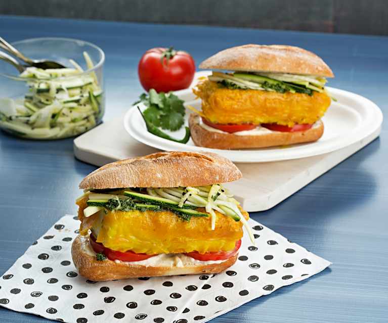 Hamburguesas de bacalao a la cúrcuma con mojo de cilantro Hamburguesas de bacalao a la cúrcuma con mojo de cilantro