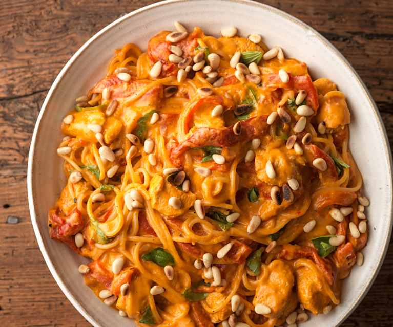 Chicken, Basil and Roasted Red Pepper Spaghetti Chicken, Basil and Roasted Red Pepper Spaghetti